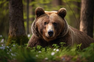a large brown bear in the springtime woodland. Generative AI