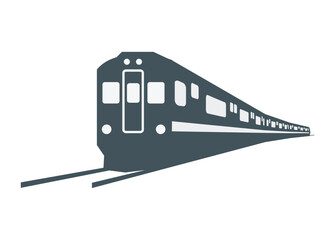 Diesel commuter train turning. Silhouette illustration in perspective view.
