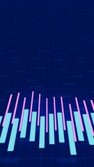Statistics in blue and purple bars on dark blue stage, statistics, finance, banking, 3d illustration, vertical position