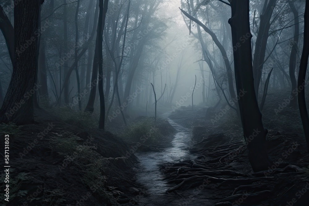 Poster serene forest with a gentle stream flowing through it. generative ai