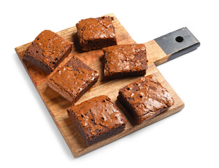 Wooden board with pieces of tasty chocolate brownie isolated on white background