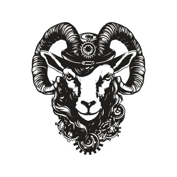 goat head steampunk, logo concept black and white color, hand drawn illustration