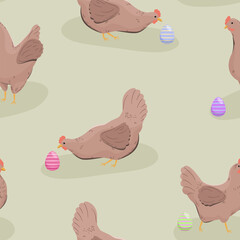 Kura i kolorowe jajka wielkanocne. Świąteczny wielkanocny wzór. Kurczaki i pisanki. Ilustracja wektorowa.