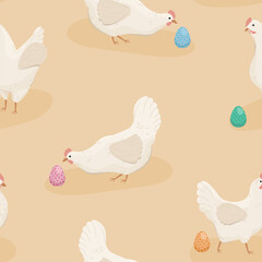 Kura i kolorowe jajka wielkanocne. Świąteczny wielkanocny wzór. Kurczaki i pisanki. Ilustracja wektorowa. - obrazy, fototapety, plakaty