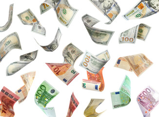 Money exchange. Dollar and euro banknotes falling on white background