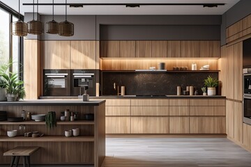 Interior of a luxurious kitchen with oak cabinets, tiled walls, and a row of white counters. Generative AI