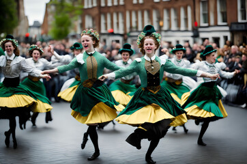 dancers in green and gold costumes perform in the street - Generative AI
