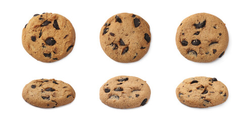 Collage of tasty chocolate chip cookies on white background, top and side views