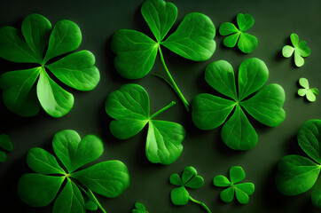 four leaf clover leaves on a dark background - Generative AI
