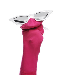 Funny sock puppet with sunglasses isolated on white