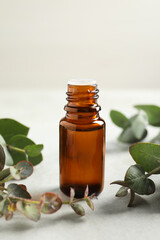 Bottle of eucalyptus essential oil and leaves on white table