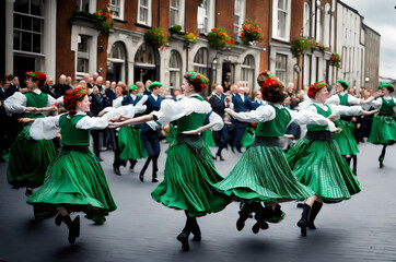 Fototapeta na wymiar dancers in green dresses perform in a street - Generative AI