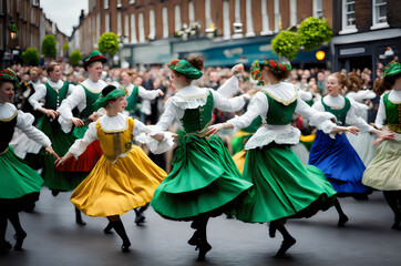 Fototapeta na wymiar a group of people in green and yellow dresses dancing - Generative AI