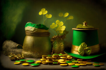 st patrick's day - green hat, gold coins, shamrock, pot of gold - Generative AI