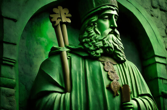 a statue of st patrick is holding a staff - Generative AI