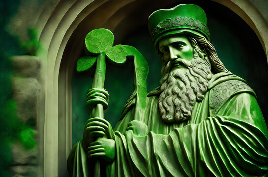a statue of st patrick is holding a green shamrock - Generative AI
