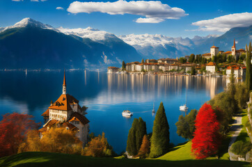 a beautiful view of lake lucerne in switzerland - Generative AI