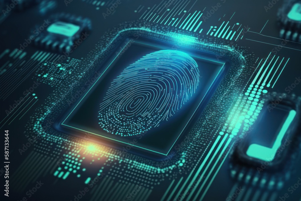 Poster digital biometri, security identify by fingerprint concept. scanning system fingerprint. ai generate