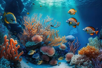 Coral reef in the sea with fish. AI generated, human enhanced. Background with selective focus