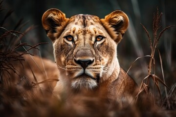 Plakat Beautiful lioness in nature in a natural habitat. AI generated, human enhanced