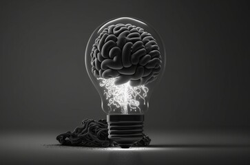 Lightbulb and Human Brain with Inside a lightbulb is a luminous human brain against a dark background. Generative AI