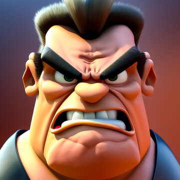Young men angry face,3d cartoon detail image,full hd. Emotional concept.