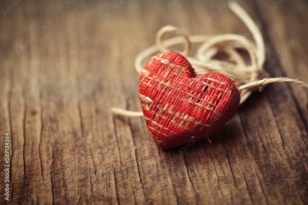 Poster red heart hanging on a string against a wooden background. generative ai