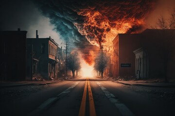 Fototapeta na wymiar A burned city street with no life apocalyptic scene, selective focus. AI generated, human enhanced