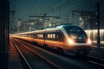 Naklejka na ściany i meble High-speed futuristic train. The concept of modern public transport and travel. AI generated, human enhanced