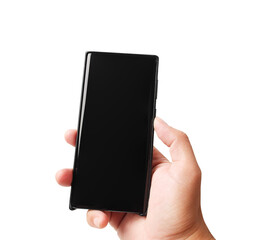 Hand holding black mobile phone isolated with blank black screen, png file.