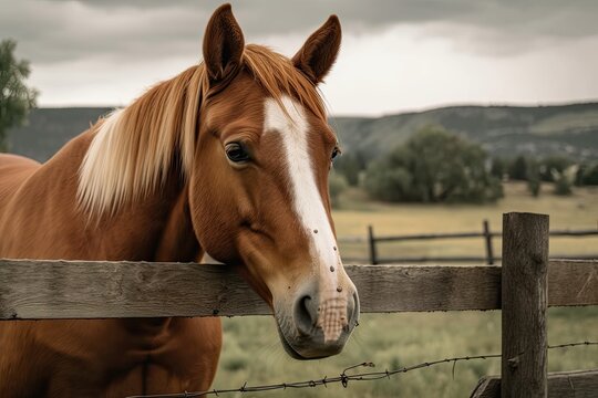 In a mostly cloudy summer afternoon, a brown horse with a white star on its forehead looks over a red orange metal pipe fence around a ranch paddock. Generative AI
