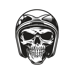skull biker wearing helmet, logo concept black and white color, hand drawn illustration