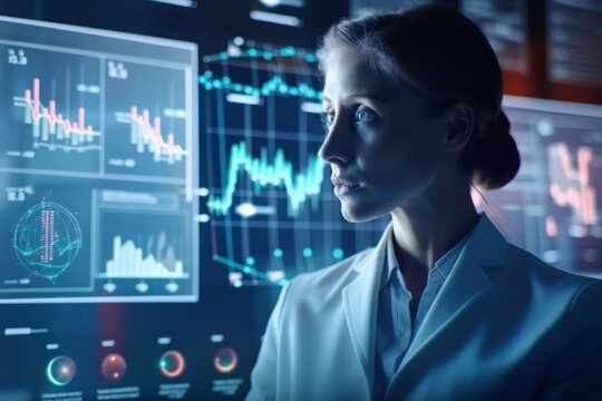 Woman doctor in a virtual analytical data center of futuristic medicine. AI generated, human enhanced