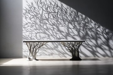 serene outdoor bench with a tree-shadowed wall backdrop. Generative AI
