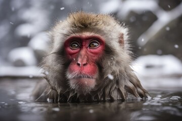 Naklejka premium A Japanese snow monkey or Macaque in Jigokudani Monkey Park, Shimotakai District, Nagano, Japan, beside a hot spring On sen. animal of the wild. Generative AI