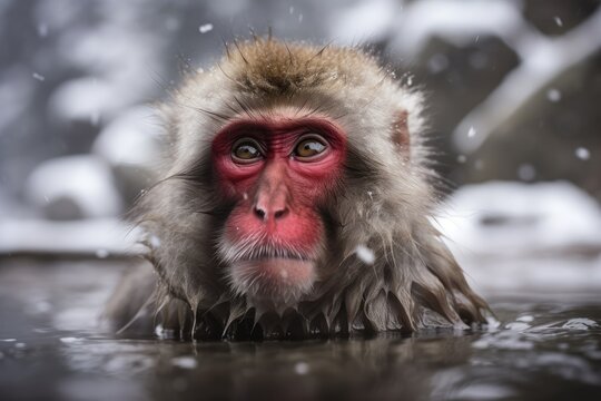 A Japanese snow monkey or Macaque in Jigokudani Monkey Park, Shimotakai District, Nagano, Japan, beside a hot spring On sen. animal of the wild. Generative AI