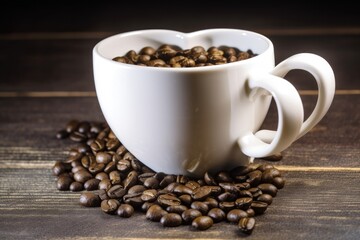 White mug with a le in the shape of a heart and coffee beans. Generative AI