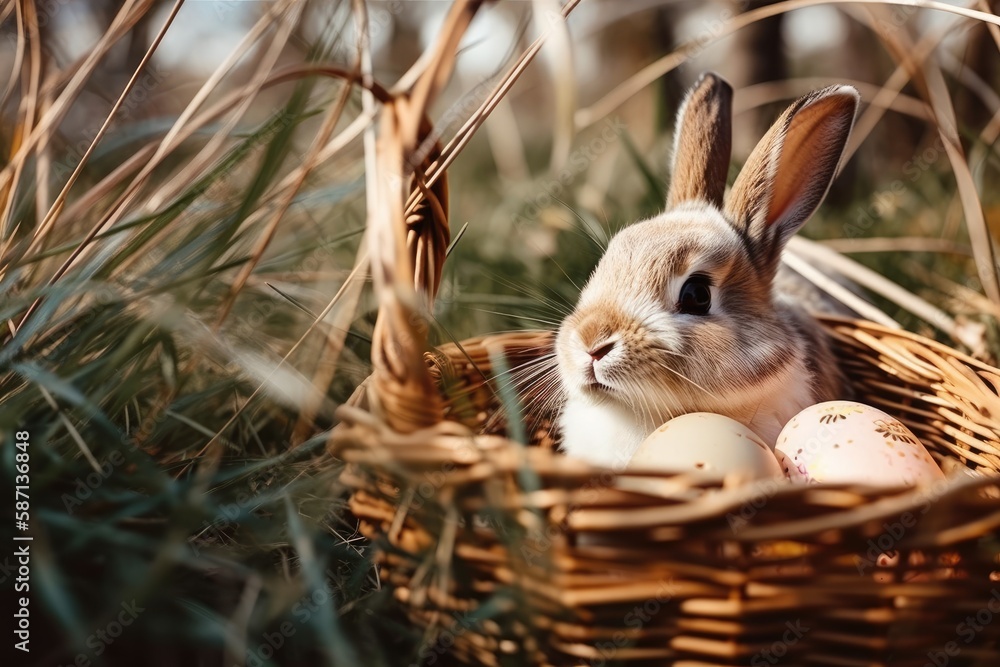 Aufkleber cute rabbit surrounded by colorful easter eggs in a basket. generative ai