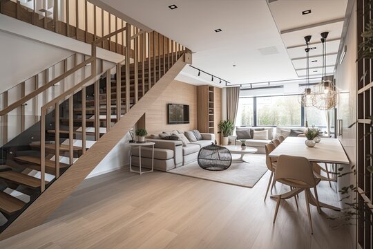 Modern, two floor apartment with stylish living room with dining table, open to kitchen and stairs to next floor. Generative AI