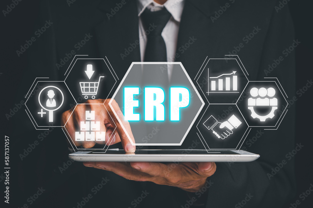 Poster enterprise resource planning erp, document management concept with icons on virtual screen, business