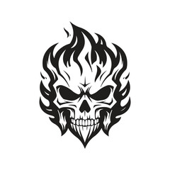 skull flame, logo concept black and white color, hand drawn illustration