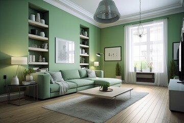 modern living room with green walls and white furniture. Generative AI
