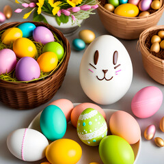 Fototapeta na wymiar Decorated colorful Easter eggs with basket and plates whit a white background and flowers in scene. Easter simbols. Generative AI
