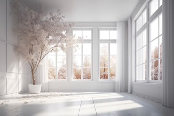 minimalist white room with a potted tree in the corner. Generative AI