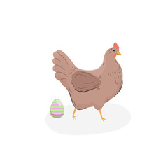 Brązowy kurczak i błyszczące jajko. Stojąca kura i wielkanocna pisanka. Element do wykorzystania w projektach. Ilustracja wektorowa. - obrazy, fototapety, plakaty