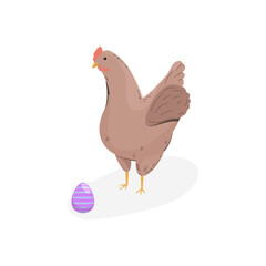 Brązowy kurczak i błyszczące jajko. Stojąca kura i wielkanocna pisanka. Element do wykorzystania w projektach. Ilustracja wektorowa. - obrazy, fototapety, plakaty