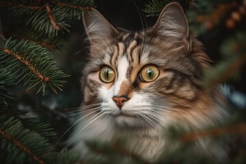 Naklejka na ściany i meble Christmas tree and cat. Generative AI