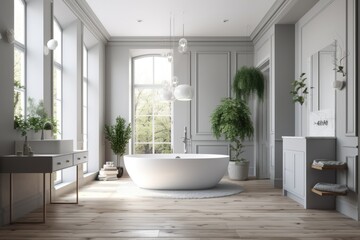 Interior of a gray bathroom with a hardwood floor, a white bathtub, a sink, multiple closets, and a small window with vegetation in the background. a mockup. Generative AI