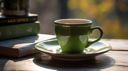 Fototapeta na wymiar Cup of coffee on wooden background. Illustration Generative AI