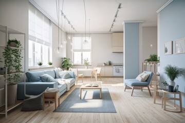 Fototapeta na wymiar Contemporary white and blue wooden living room. Fabric couch, parquet floor, window, and decors. Japanese interiors. Generative AI